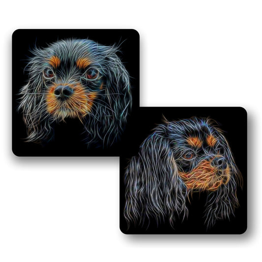 Black and Tan King Charles Spaniel Coasters, Set of 2, with Stunning Fractal Art Design.