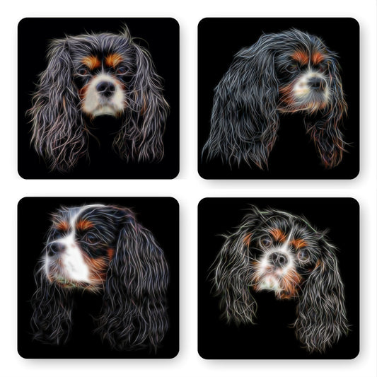 Tricolour King Charles Spaniel Coasters, Set of 4, with Fractal Art Design