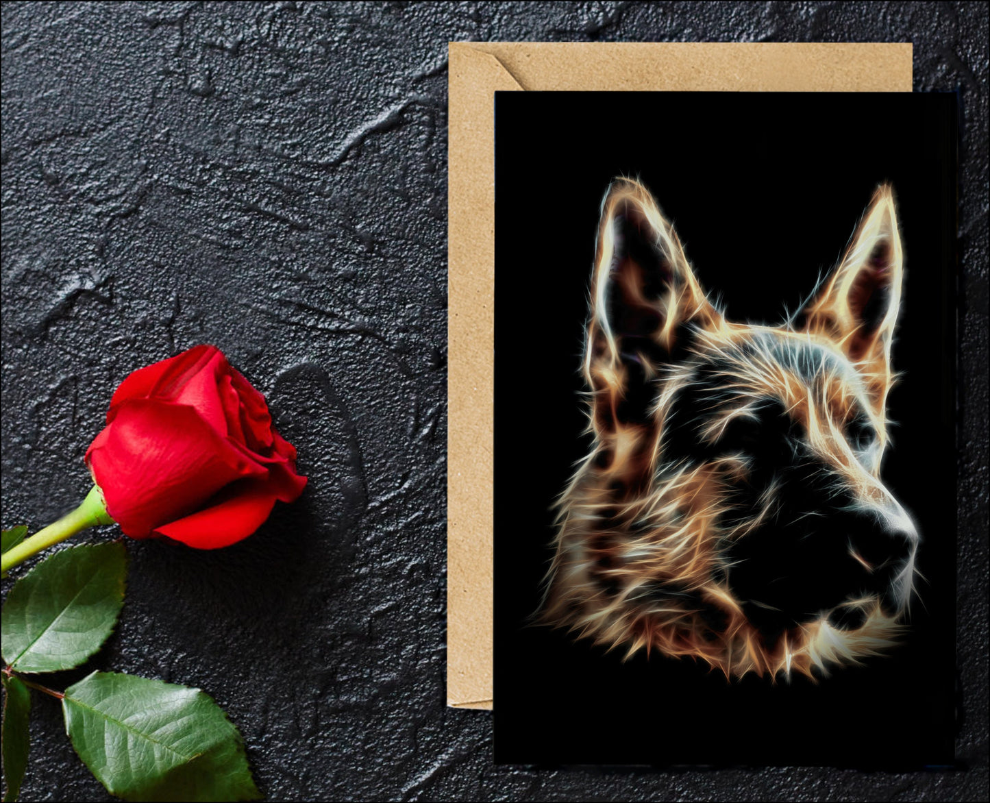 German Shepherd Greeting Card with Stunning Fractal Art Design. Blank Inside for Birthdays or any other Occasion