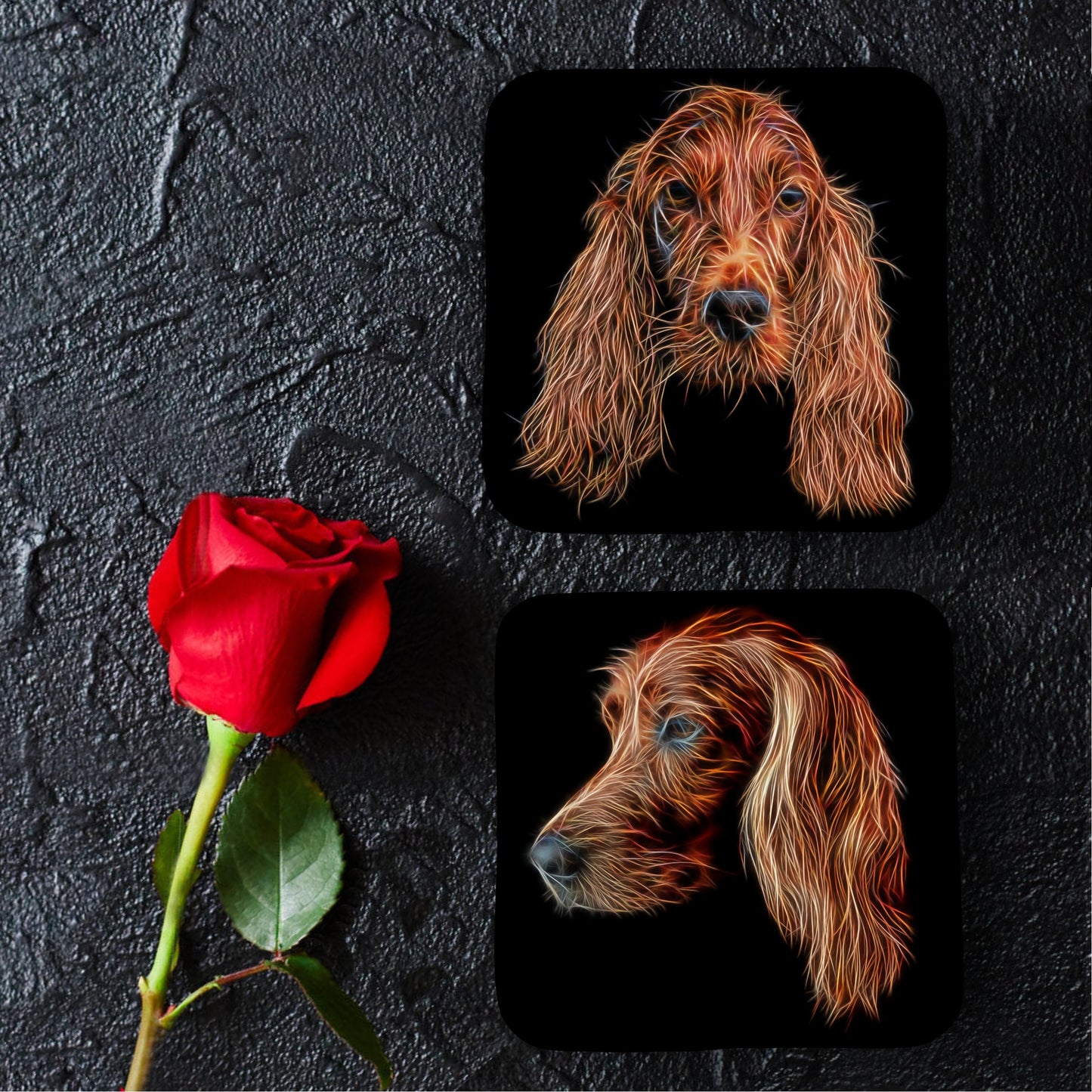 Irish Setter Coasters, Set of 2, with Stunning Fractal Art Design.