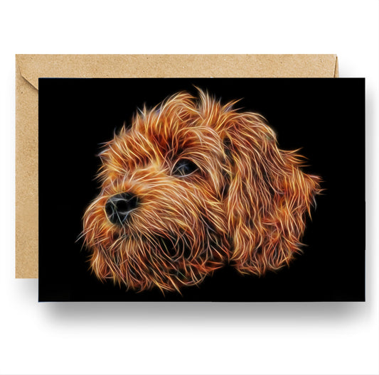 Red Cavapoo Greeting Card with Stunning Fractal Art Design. Blank Inside for Birthdays or any other Occasion