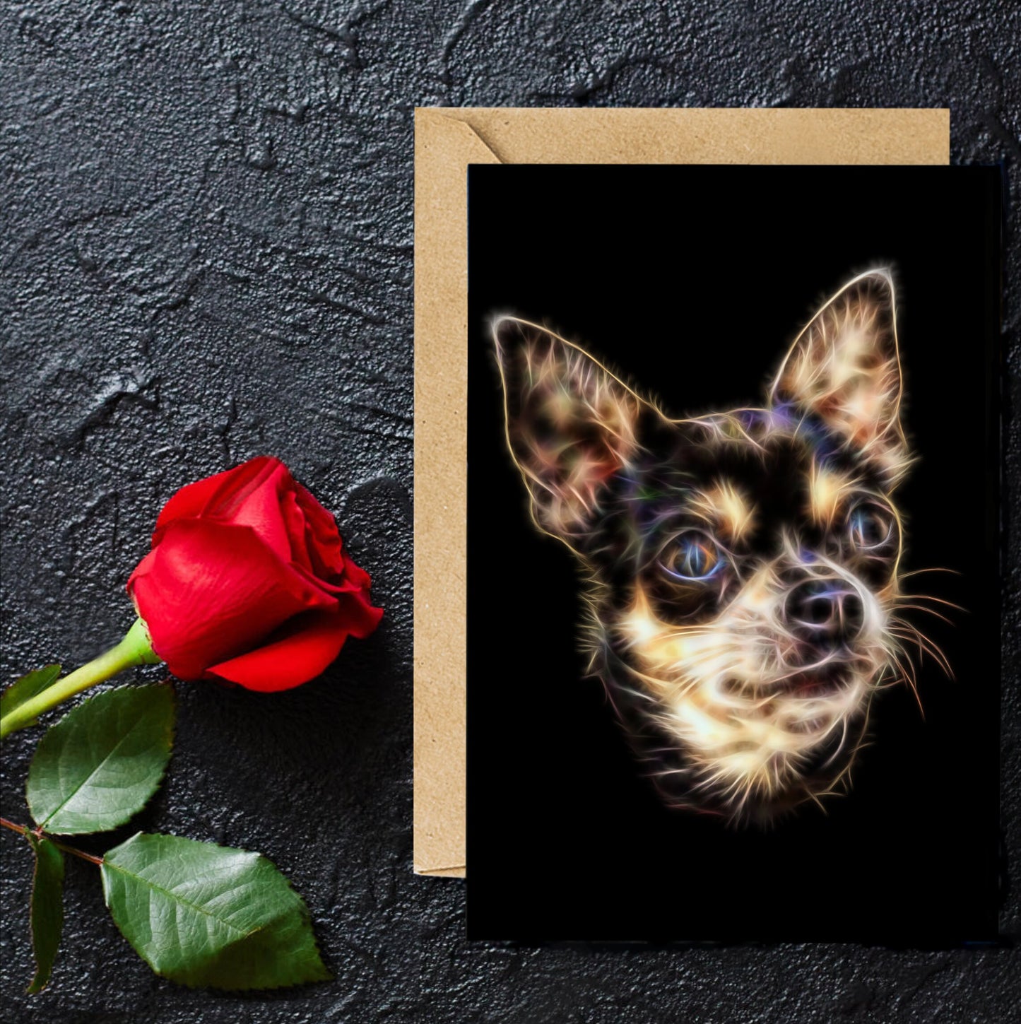 Chocolate & Tan Chihuahua Greeting Card with Stunning Fractal Art Design. Blank Inside for Birthdays or any other Occasion