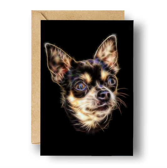 Chocolate & Tan Chihuahua Greeting Card with Stunning Fractal Art Design. Blank Inside for Birthdays or any other Occasion