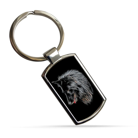 Black Belgian Groenendael Shepherd Keychain with Fractal Art Design.