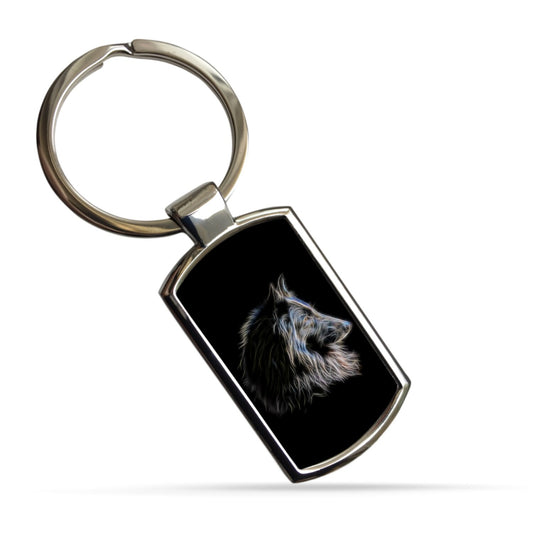 Black Belgian Groenendael Shepherd Keychain with Fractal Art Design.