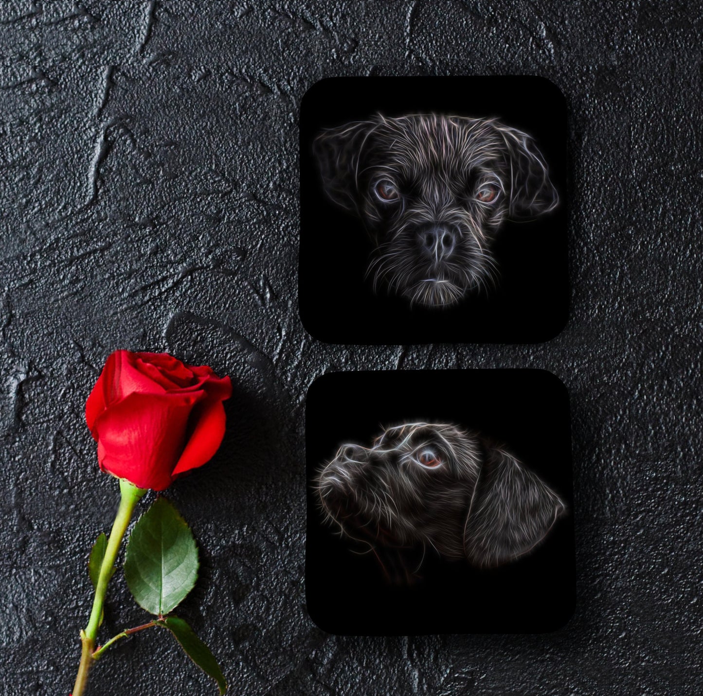 Black Puggle Coasters, Set of 2, with Stunning Fractal Art Design.