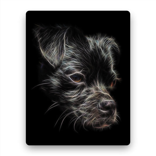 Black Chug Dog Metal Wall Plaque with Fractal Art Design.
