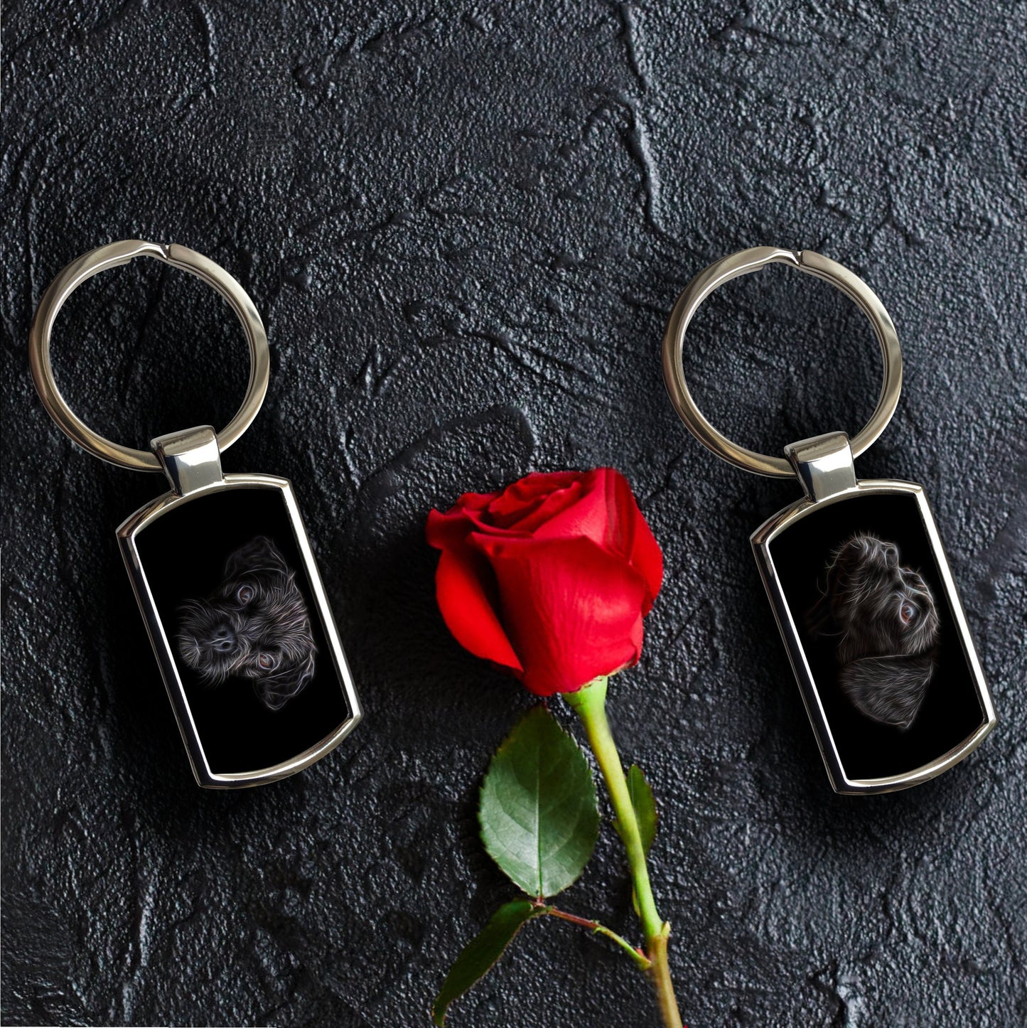 Black Puggle Dog Keychain with Fractal Art Design