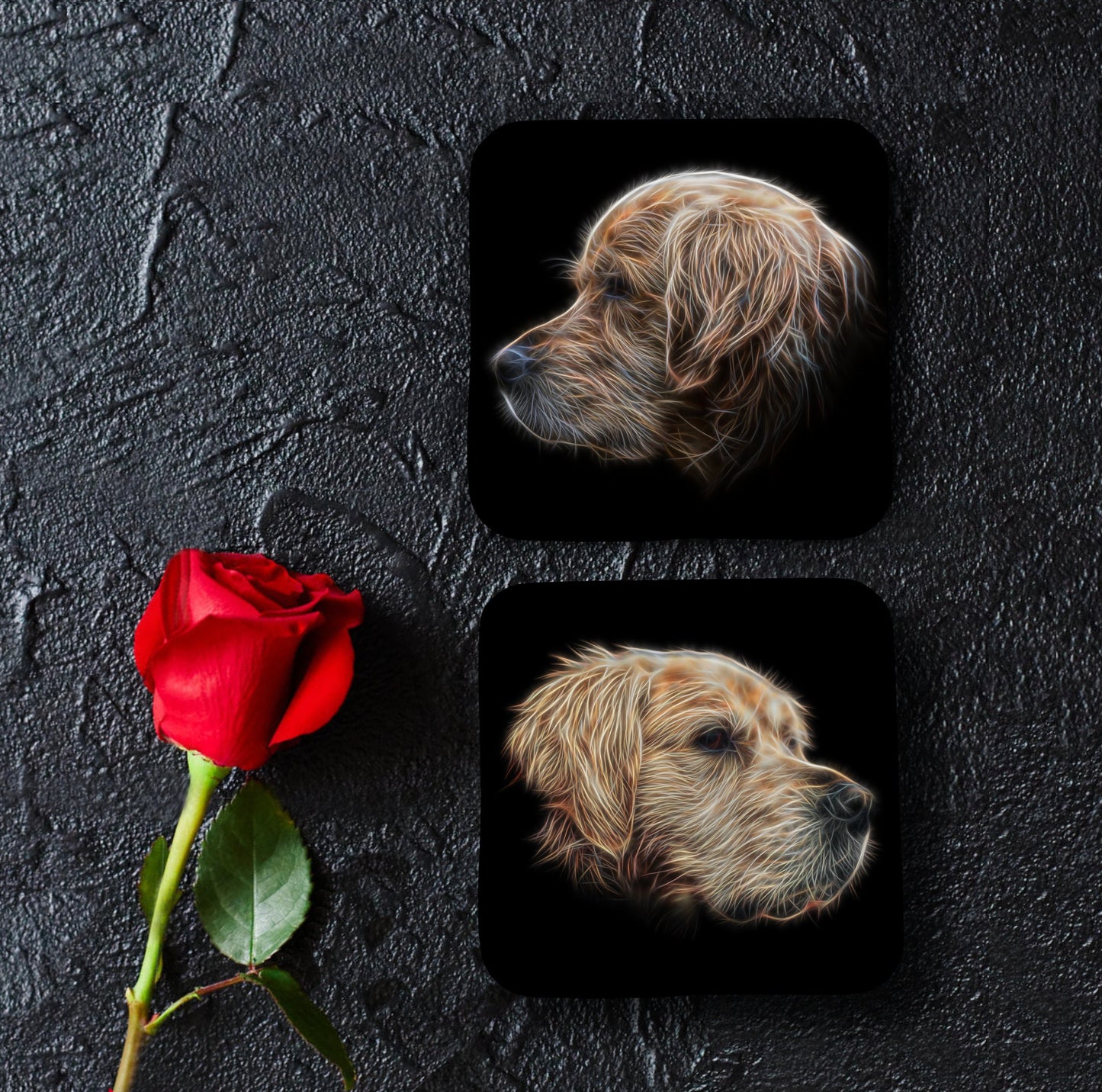 Golden Retriever Coasters, Set of 2, with Stunning Fractal Art Design. Perfect Owner Gift.