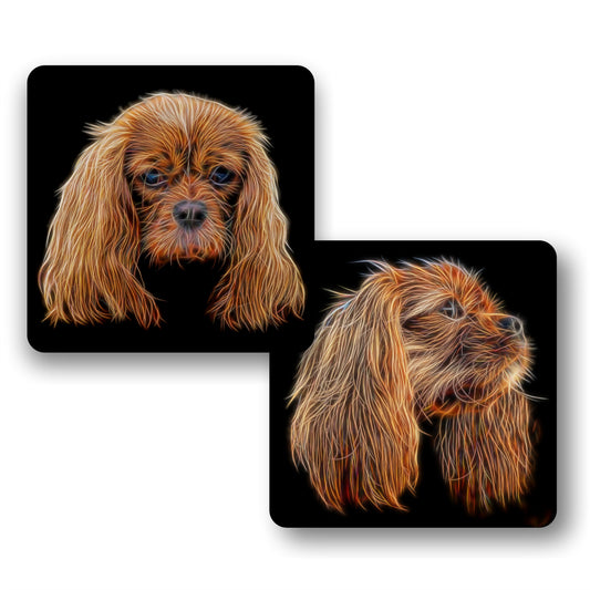 Ruby King Charles Spaniel Coasters, Set of 2, with Fractal Art Design