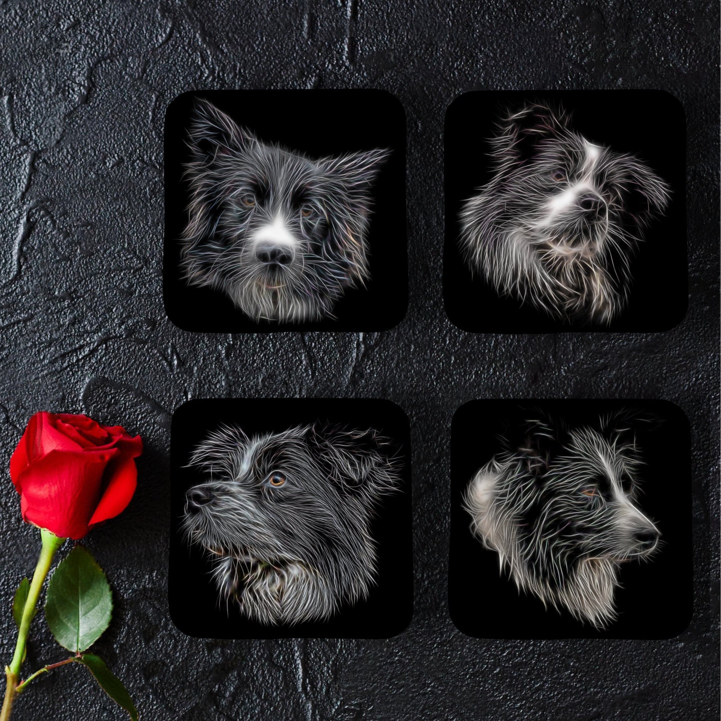Border Collie Coasters, Set of 4, with Stunning Fractal Art Design. Perfect Border Collie Owner Gift.