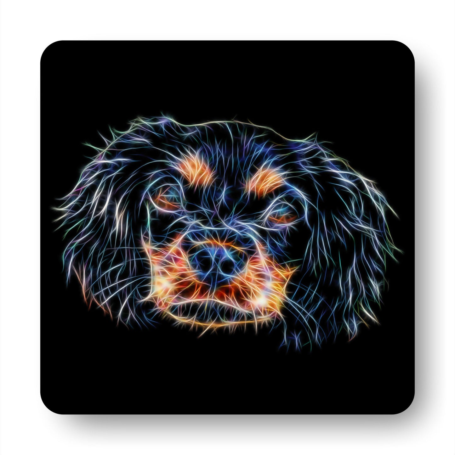 Black and Tan King Charles Spaniel Coasters, Set of 2, with Stunning Fractal Art Design.