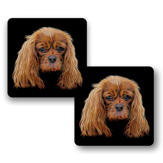 Ruby King Charles Spaniel Coasters, Set of 2, with Fractal Art Design