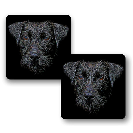 Black Patterdale Terrier Coasters, Set of 2, with Stunning Fractal Art Design.