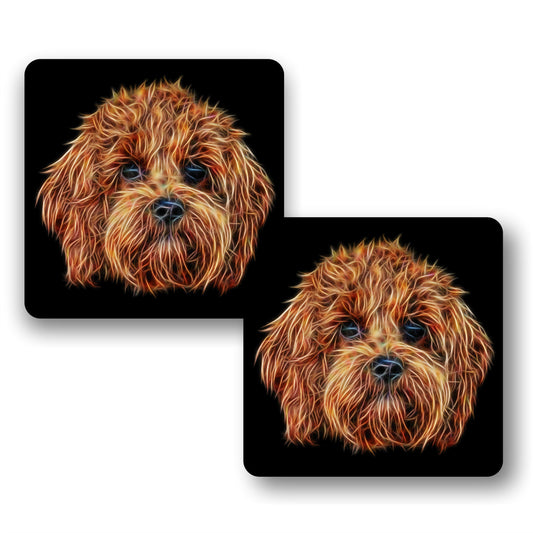 Red Cavapoo Coasters, Set of 2, with Stunning Fractal Art Design.