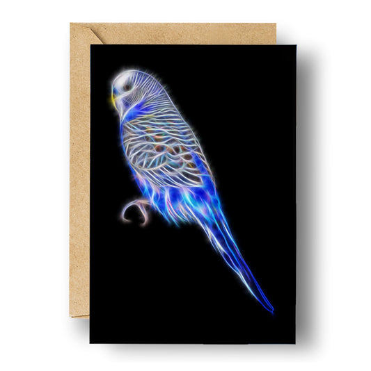 Blue Budgie Greeting Card with Stunning Fractal Art Design. Blank Inside for Birthdays or any other Occasion