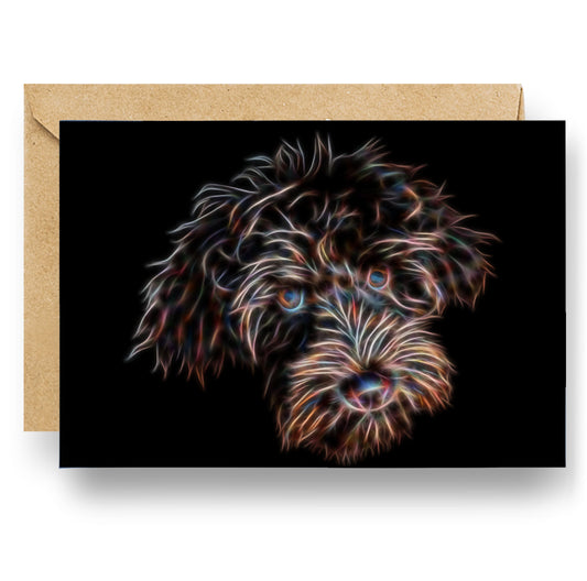 Chocolate Brown Labradoodle Greeting Card with Stunning Fractal Art Design. Blank Inside for Birthdays or any other Occasion