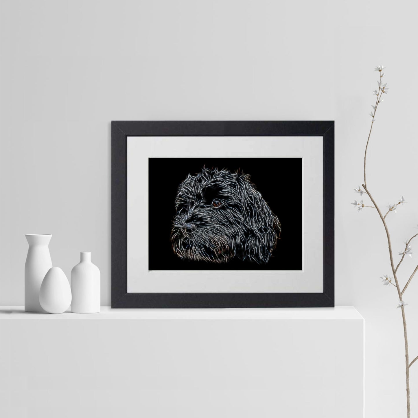 Black Cavapoo Print with Stunning Fractal Art Design. Various Sizes Available
