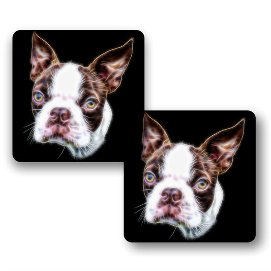 Brown and White Boston Terrier Coasters, Set of 2, with Stunning Fractal Art Design.