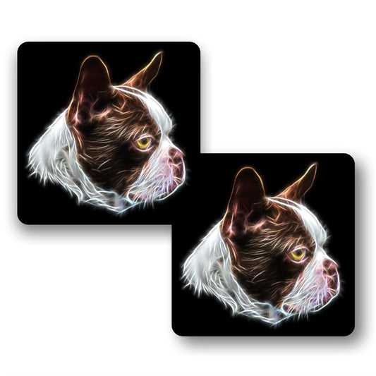 Brown and White Boston Terrier Coasters, Set of 2, with Stunning Fractal Art Design.