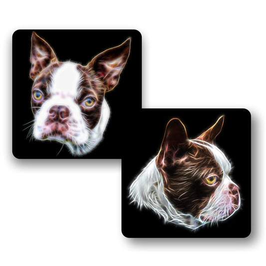 Brown and White Boston Terrier Coasters, Set of 2, with Stunning Fractal Art Design.