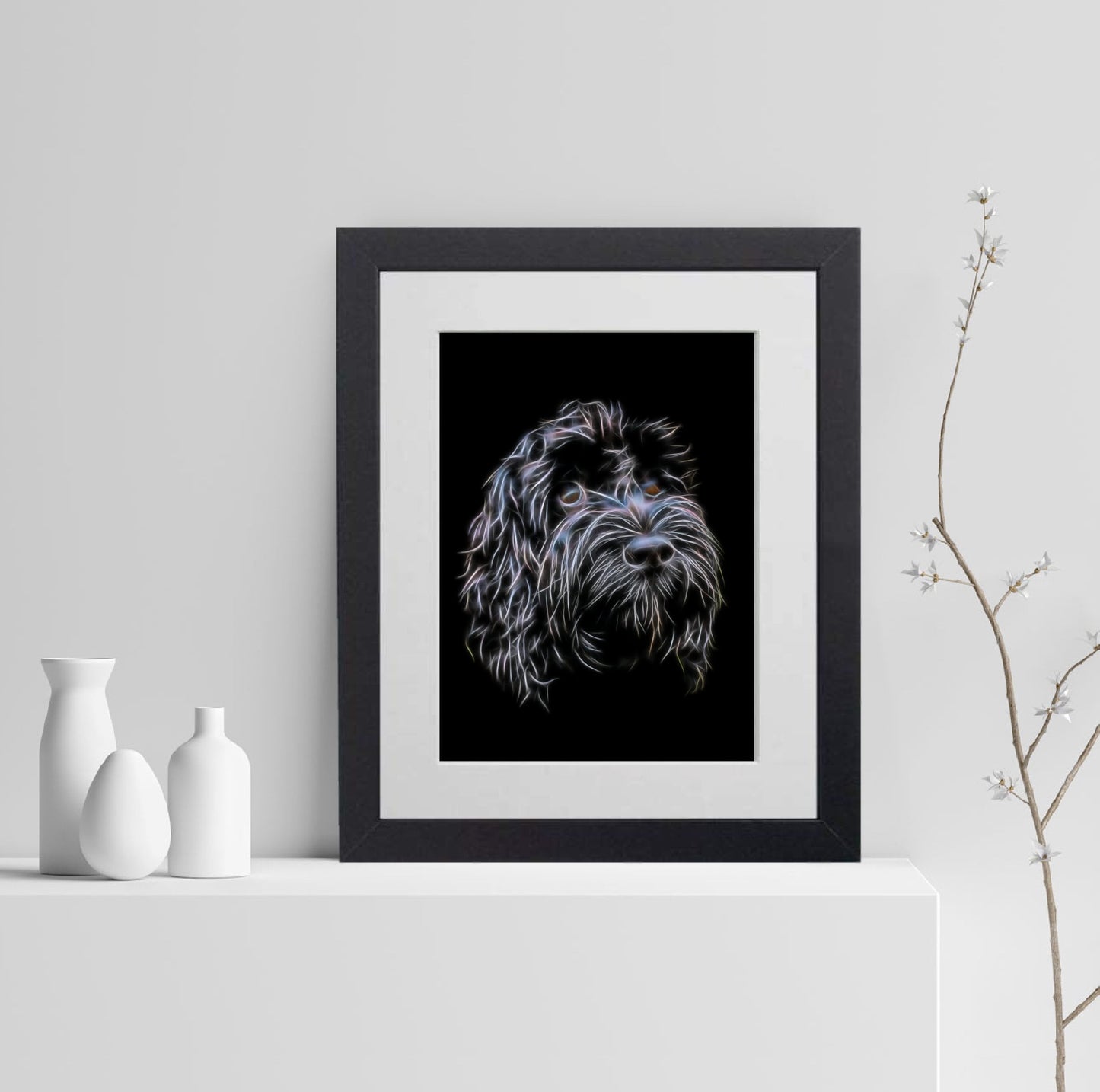 Black Cockapoo Print with Stunning Fractal Art Design. Various Sizes Available