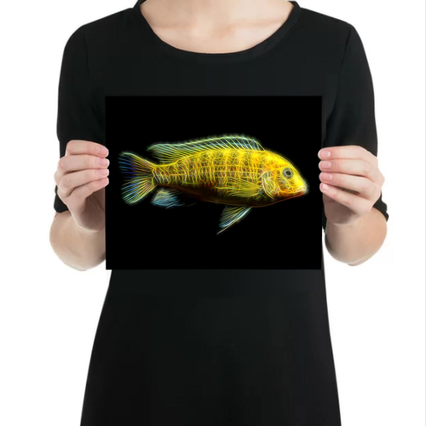 Labidochromis caeruleus (Yellow Lab) Cichlid Prints with Stunning Fractal Art Design.