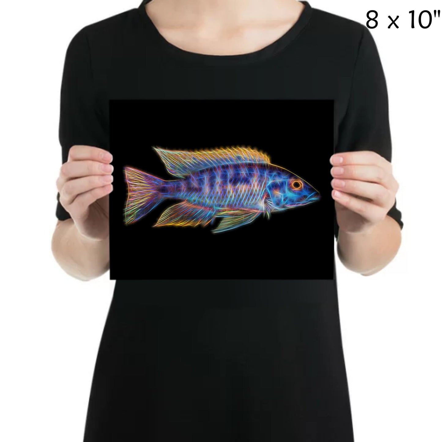 Blue Gold Orange Shoulder Peacock Cichlid Fish Print with Stunning Fractal Art Design. Aulonocara