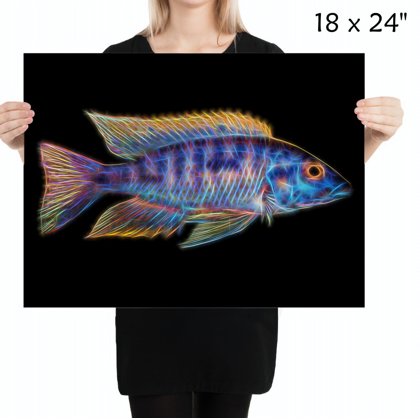 Blue Gold Orange Shoulder Peacock Cichlid Fish Print with Stunning Fractal Art Design. Aulonocara