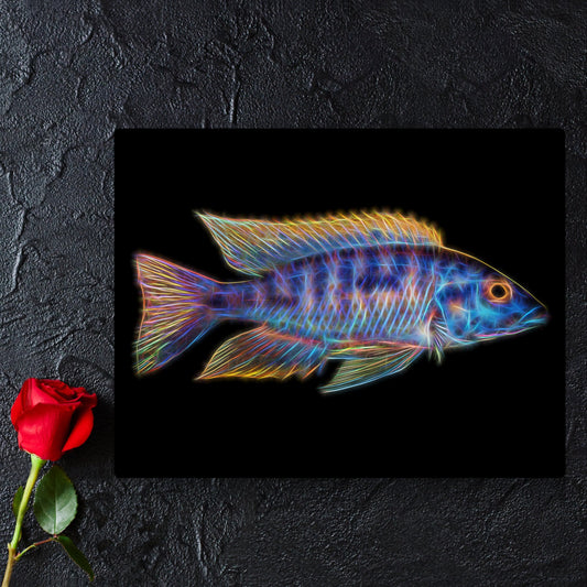 Blue Gold Orange Shoulder Peacock Cichlid Fish Print with Stunning Fractal Art Design. Aulonocara