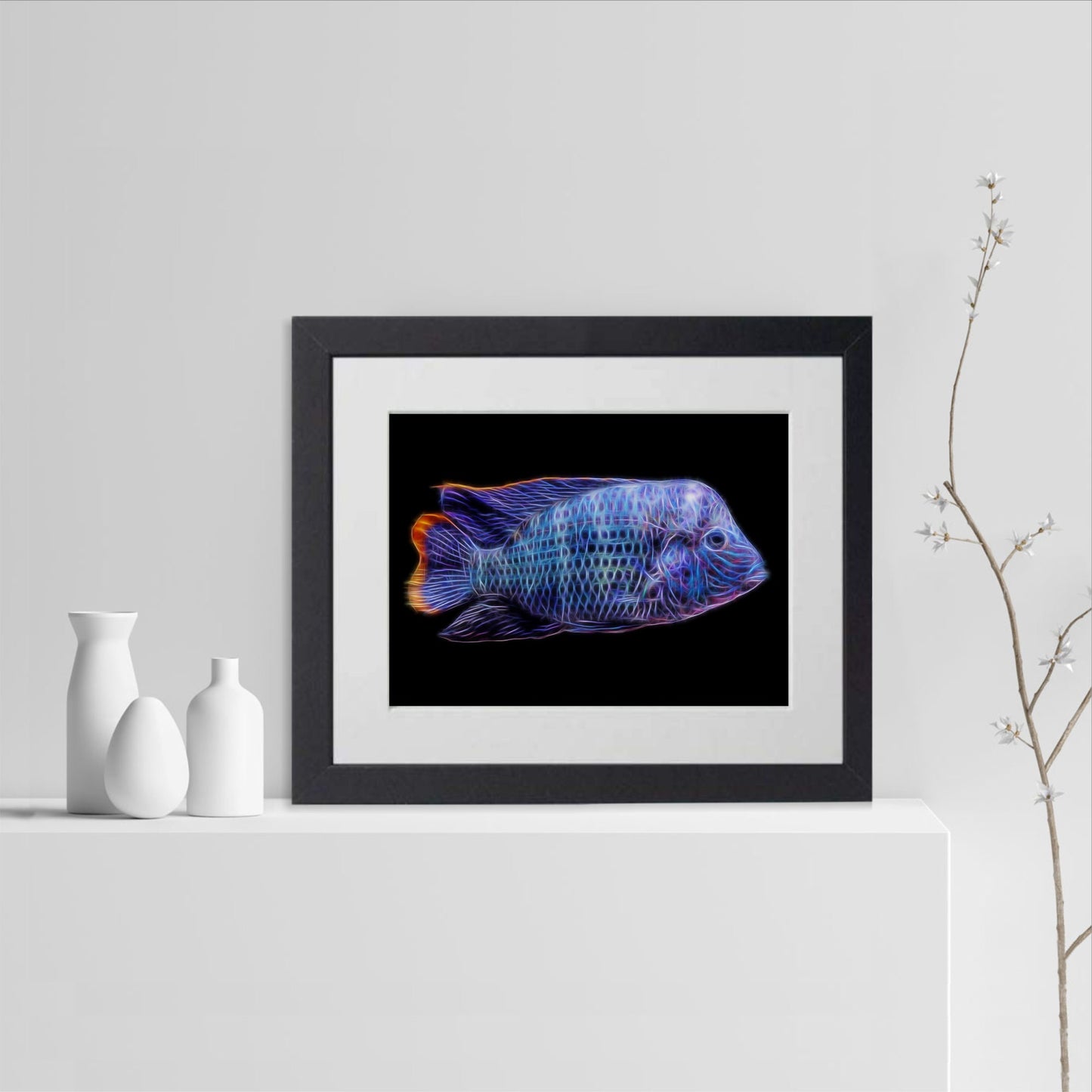 Green Terror Cichlid Print with Stunning Fractal Art Design. Adinoacara Rivulatus