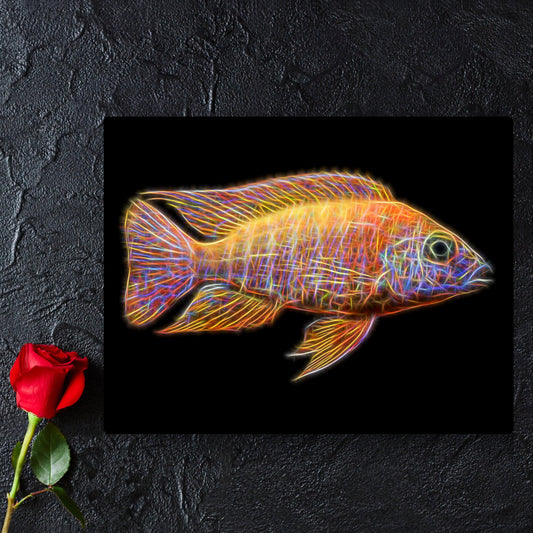 Ruby Red Peacock Cichlid Fish Print with Stunning Fractal Art Design. Aulonocara