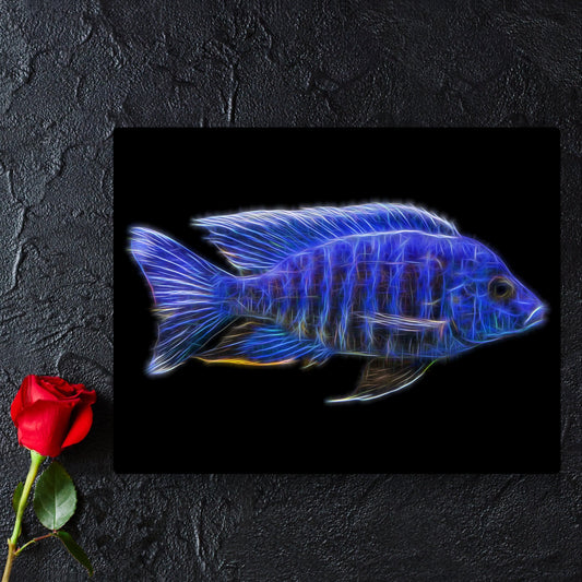 Blue Regal Peacock Cichlid Fish Print with Stunning Fractal Art Design. Aulonocara