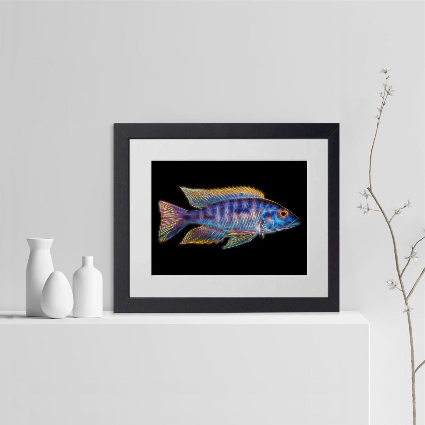 Blue Gold Orange Shoulder Peacock Cichlid Fish Print with Stunning Fractal Art Design. Aulonocara