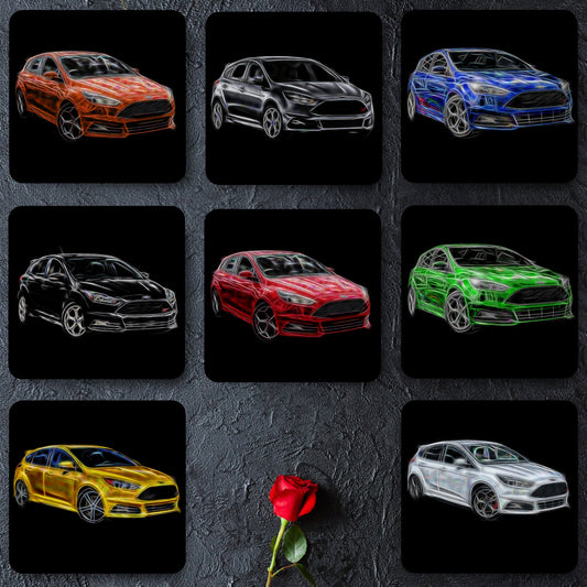 Ford Focus ST Coasters with Stunning Fractal Art Design. Various colours blue, red, yellow, orange, black, grey, and white available.
