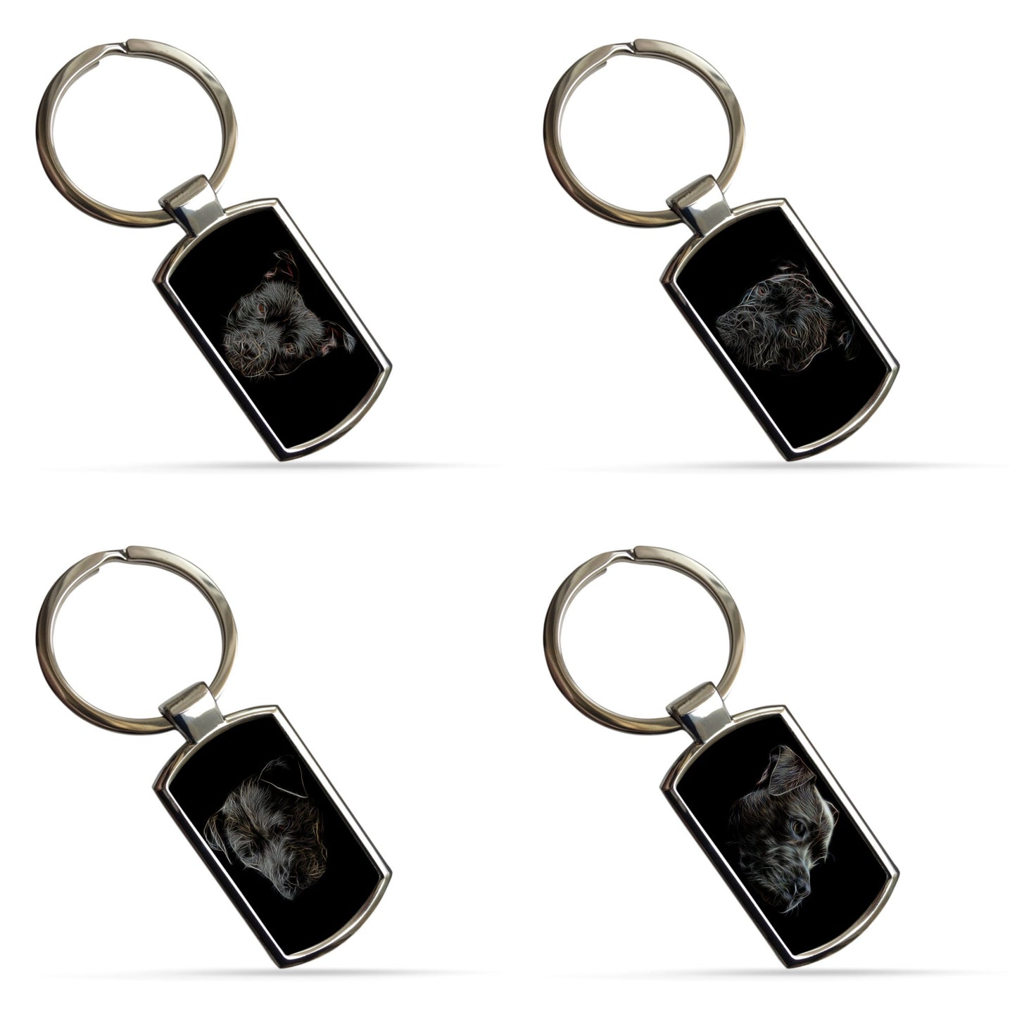Black Staffordshire Bull Terrier Metal Keychain with Fractal Art Design.