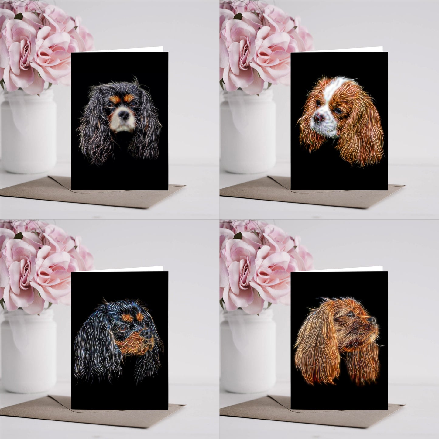 Cavalier King Charles Spaniel Greeting Card Blank Inside. Ruby, Black and Tan, Blenheim, and Tri colour.