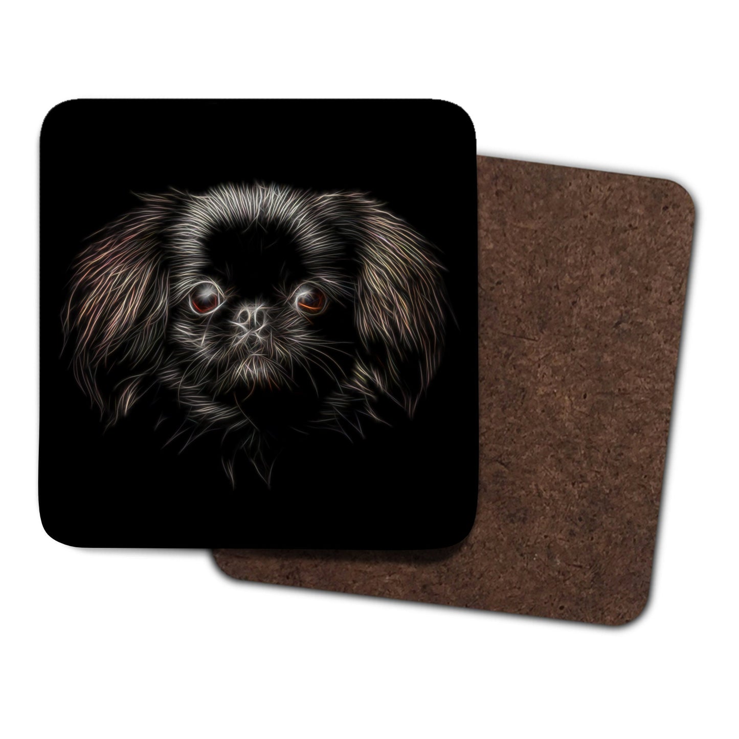 Black Pekingese Dog Coasters with Fractal Art Design. Perfect Pekingese Owner Gift
