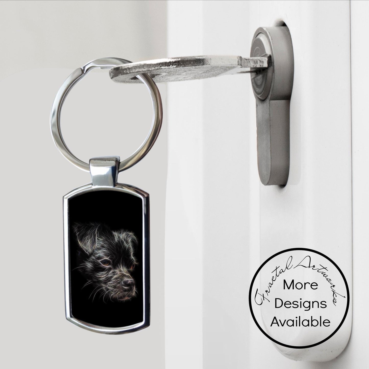 Black Chug Dog Keychain with Fractal Art Design