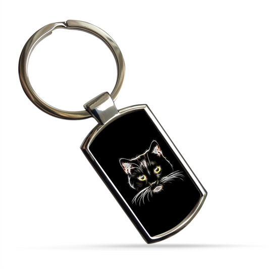 Cat Metal Rectangle Keyring. A Sturdy Metal Keychain with Cat Fractal Art Design.