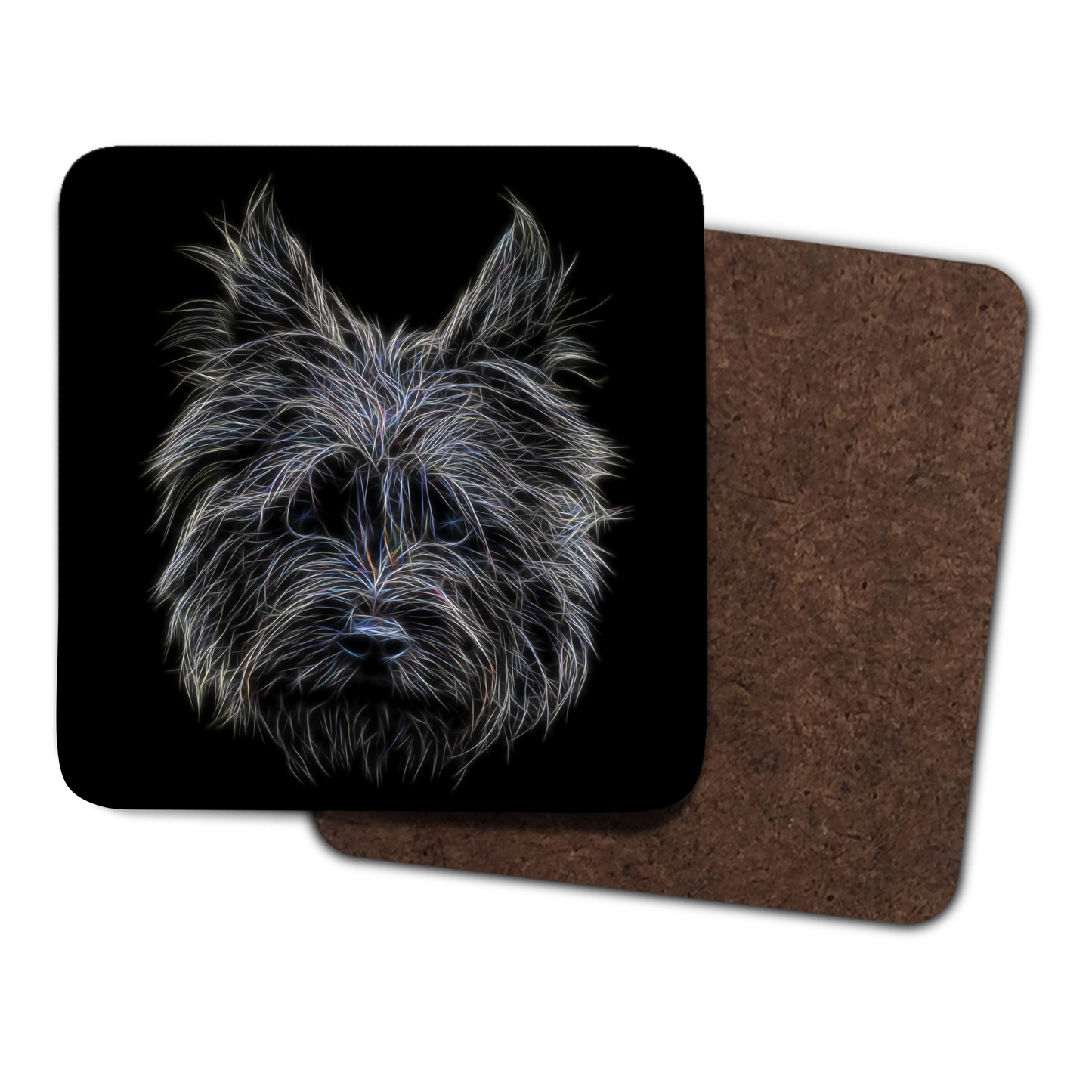 Black Cairn Terrier Coasters, Set of 2, with Stunning Fractal Art Design.