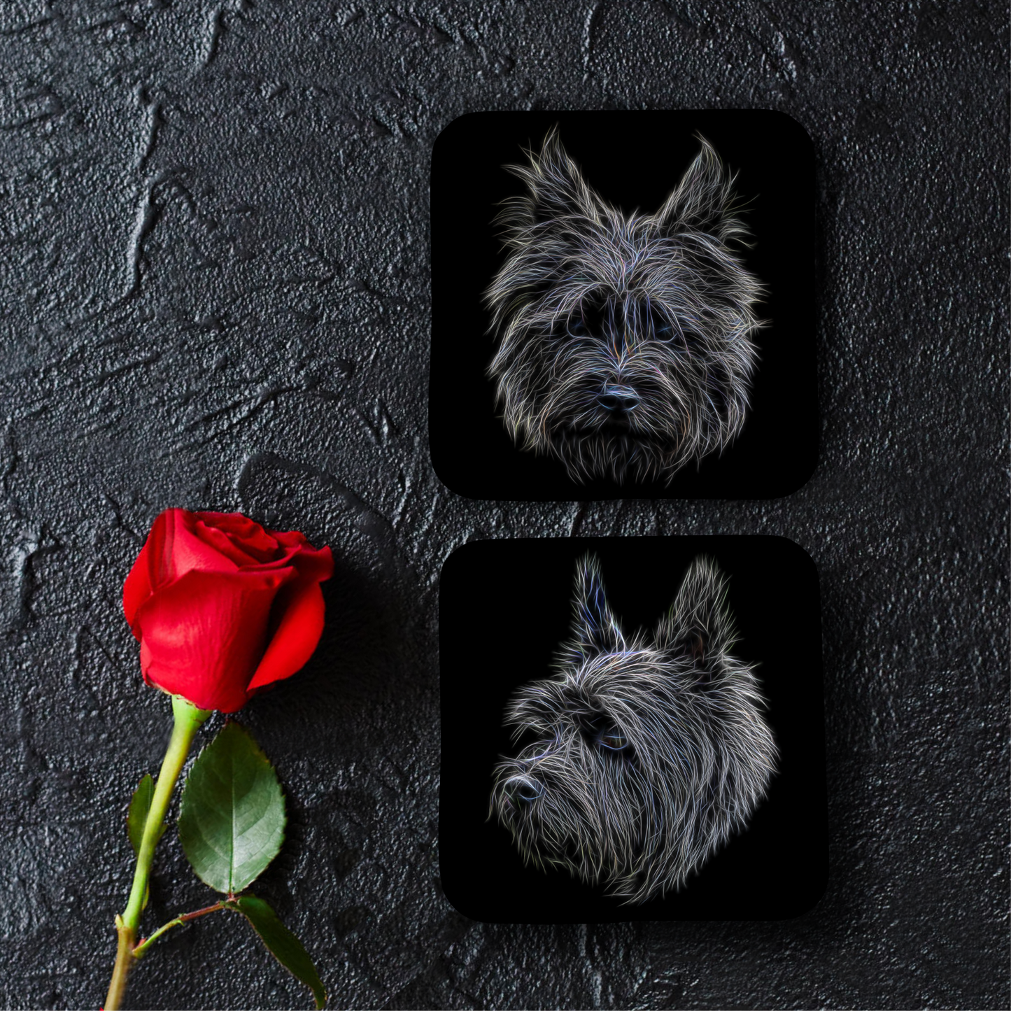 Black Cairn Terrier Coasters, Set of 2, with Stunning Fractal Art Design.