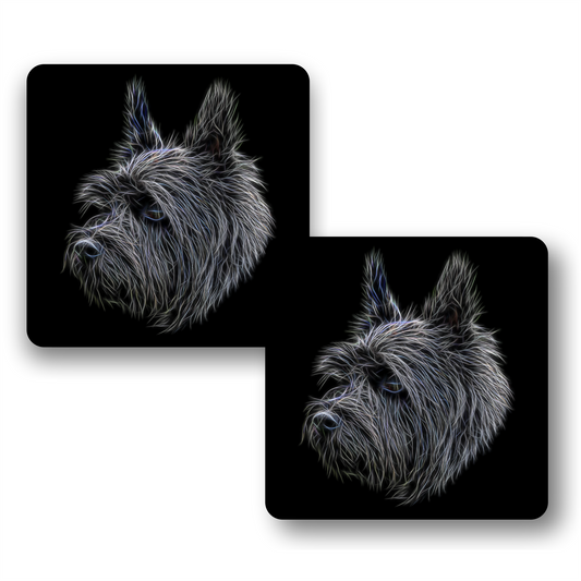 Black Cairn Terrier Coasters, Set of 2, with Stunning Fractal Art Design.