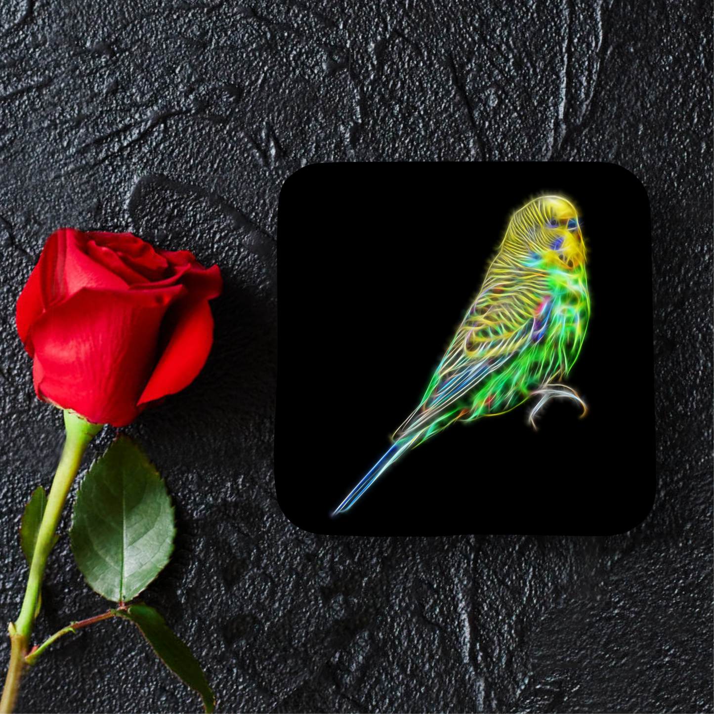 Green Budgie Coaster with Fractal Art Design