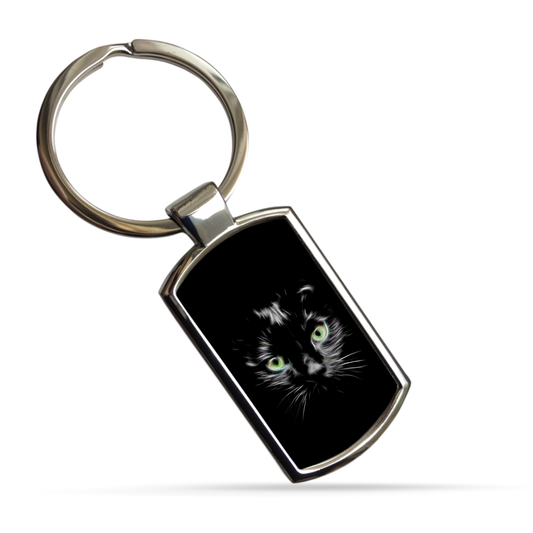 Cat Metal Rectangle Keyring. A Sturdy Metal Keychain with Cat Fractal Art Design.