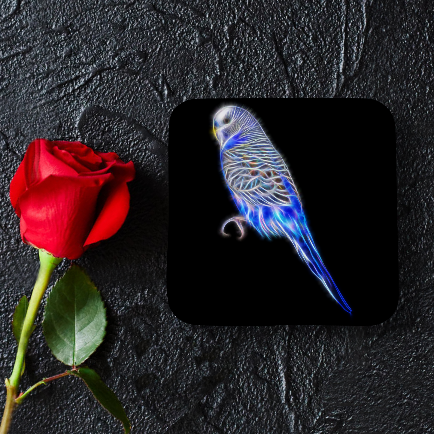 Blue Budgie Coaster with Fractal Art Design