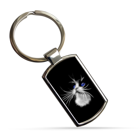 Cat Metal Rectangle Keyring. A Sturdy Metal Keychain with Cat Fractal Art Design.