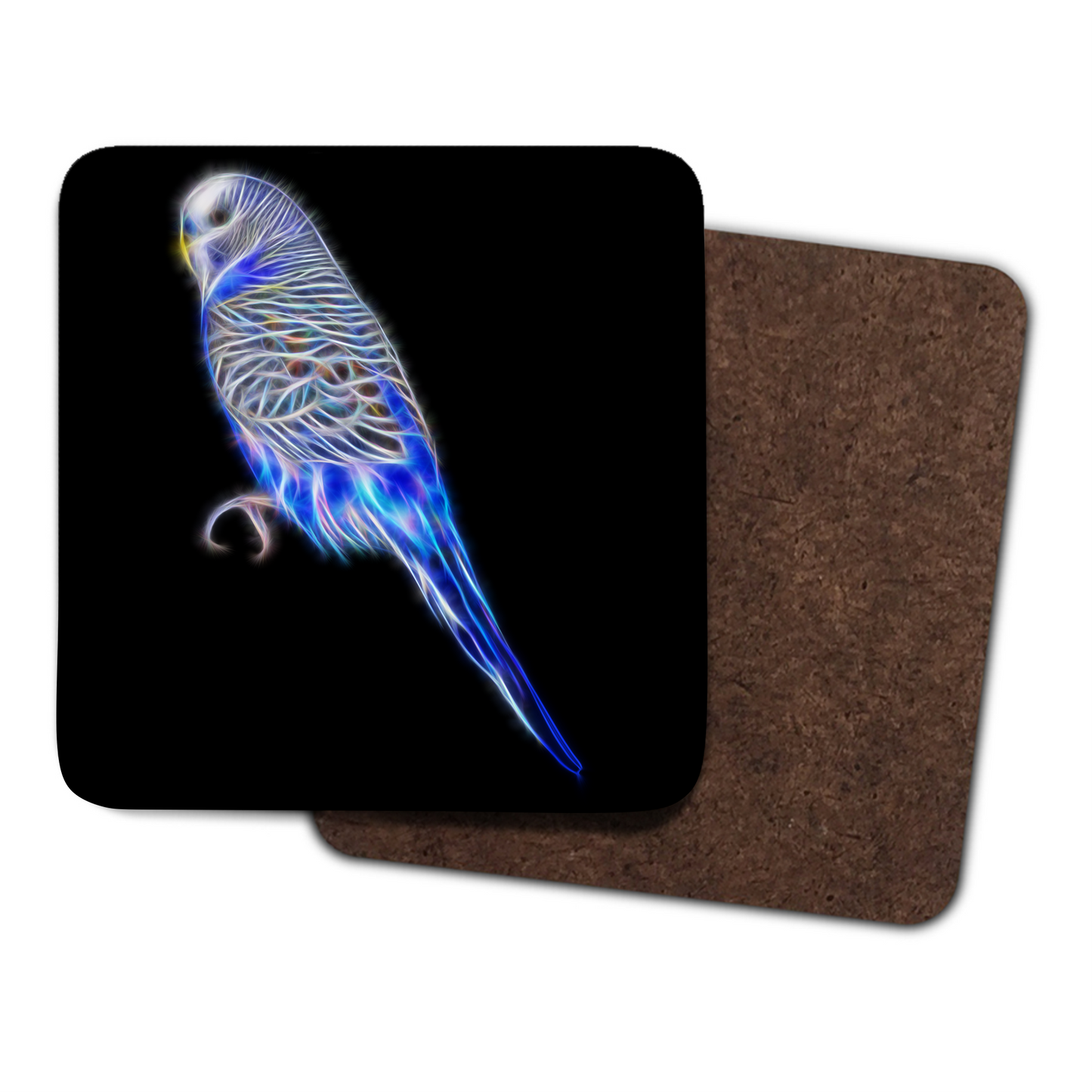 Blue Budgie Coaster with Fractal Art Design