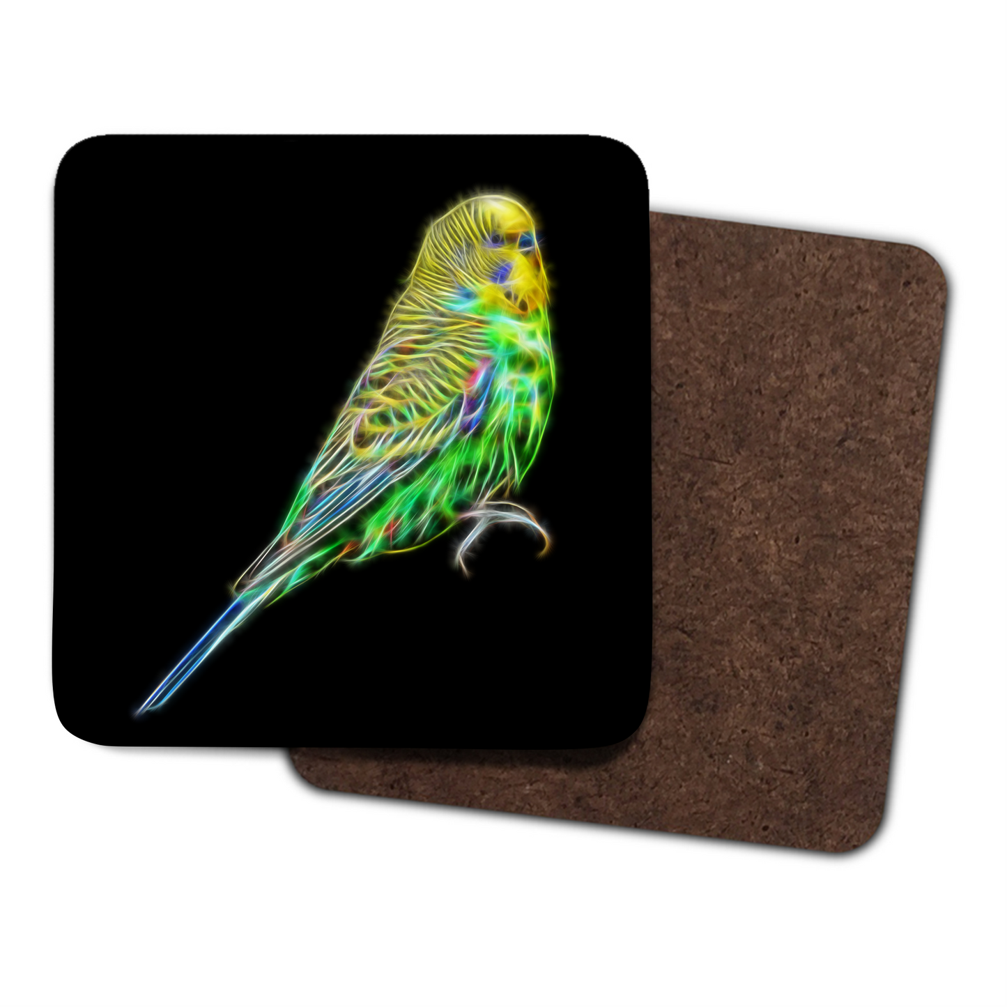 Green Budgie Coaster with Fractal Art Design