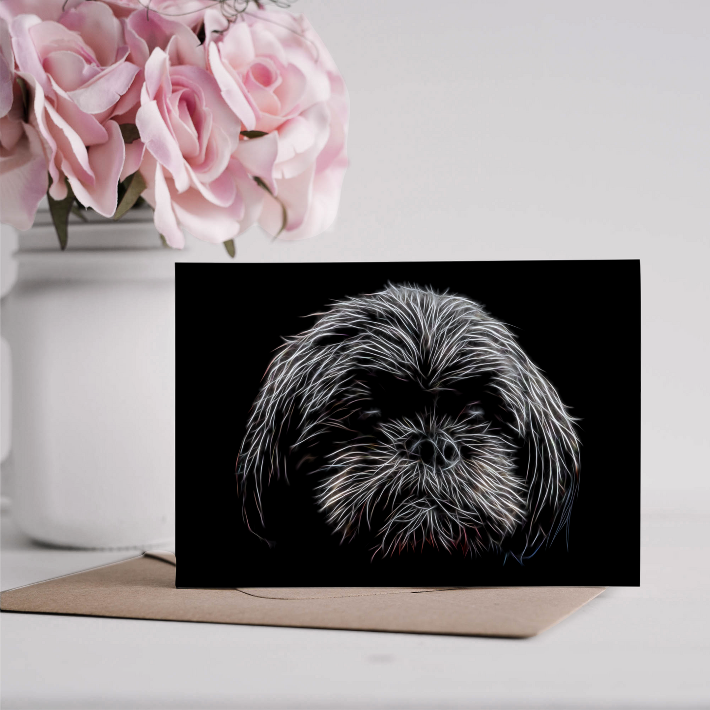 Black Shih Tzu Blank Birthday Greeting Card with Stunning Fractal Art Design
